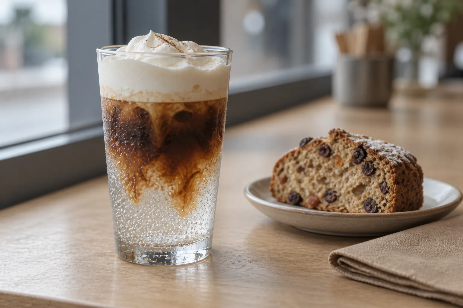 A tall iced espresso drink topped with whipped cream on a cafe counter