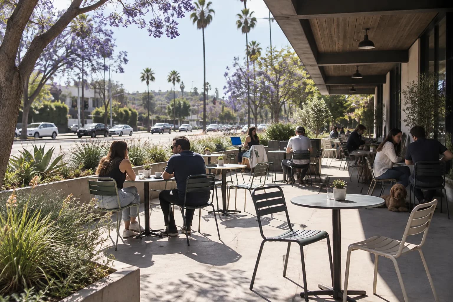 An outdoor cafe terrace with small tables and people sitting in afternoon sunlight