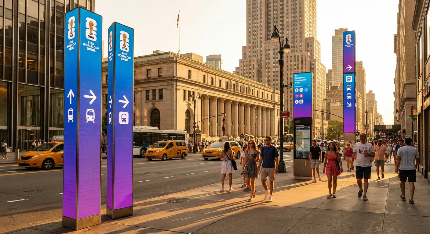 FIFA World Cup banners and urban design installations along Hudson Yards at dusk