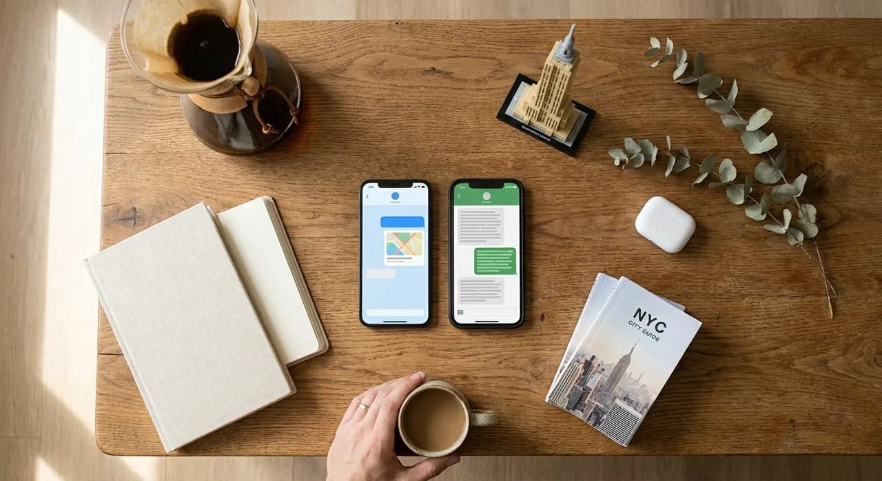 Overhead flat-lay product shot on a warm oak coffee table — two iPhones side-by-side: a light-blue iMessage chat with a colorful map snippet vs a green WhatsApp chat with a plain text wall, surrounded by a pour-over coffee setup, a Lego Empire State Building model, and AirPods