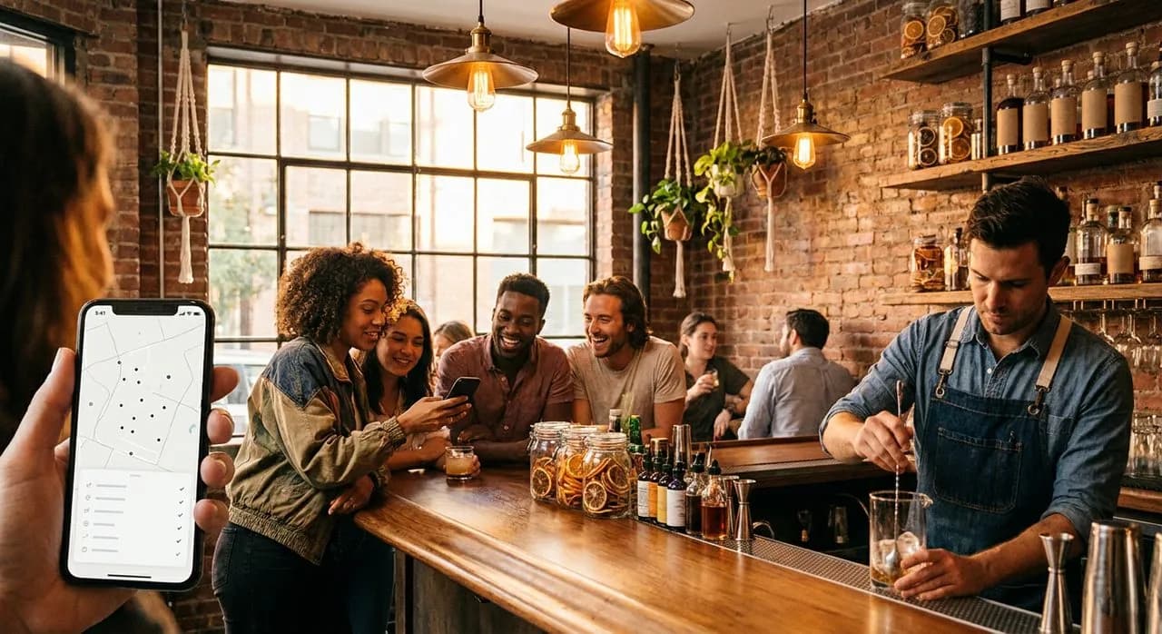 Williamsburg craft cocktail bar at early-evening golden hour — four friends chatting at the counter, one showing her iPhone screen to a friend, exposed brick walls, brass pendant lights, no TVs and no sports broadcasts