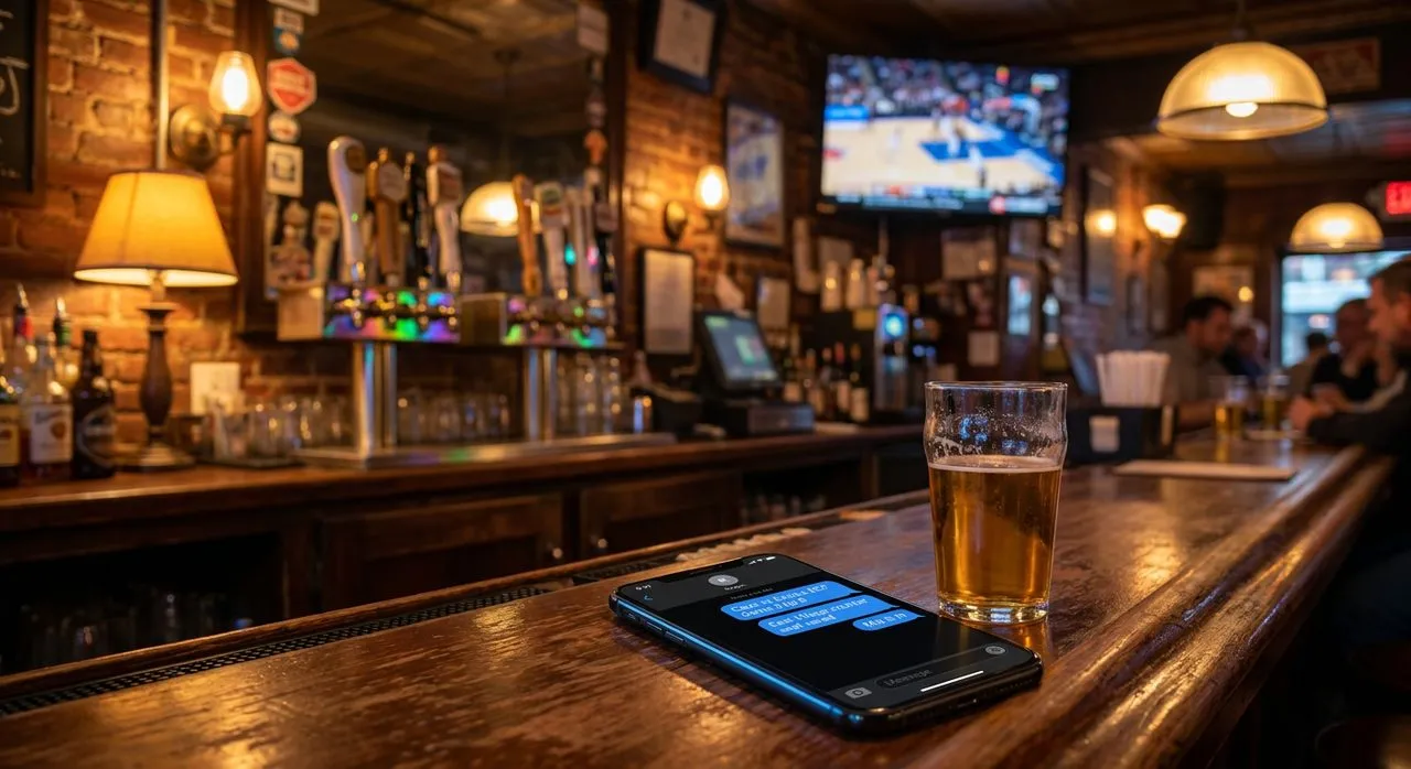 NYC East Village sports bar at evening with a smartphone on the counter showing a Karpo iMessage chat about the Cavs vs Knicks ECF Game 3 watch-party tip