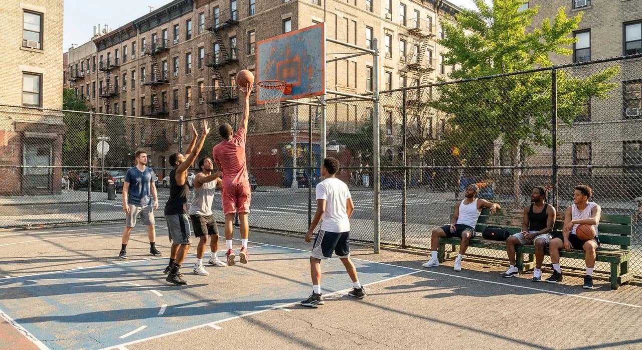 Outdoor public pickup basketball court in Lower East Side Manhattan on a sunny Saturday afternoon — painted asphalt court, chain-link fence, six casual players mid-game, friends on a sideline bench