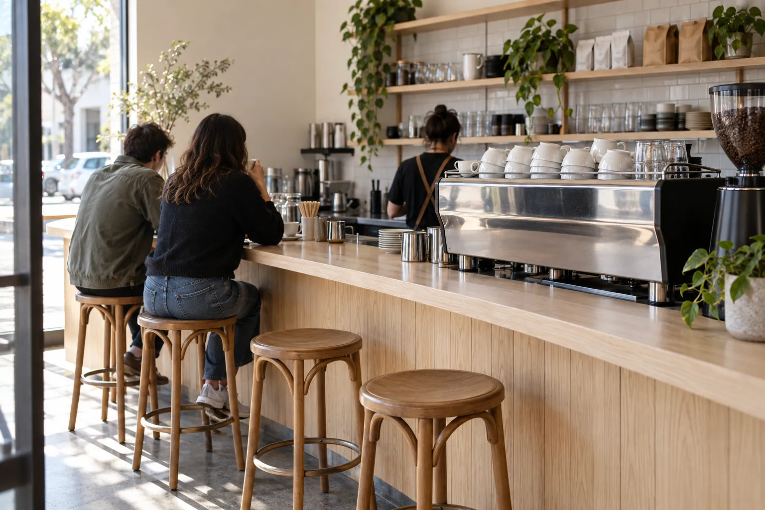 A pale minimal coffee bar counter with an espresso machine and a row of stools
