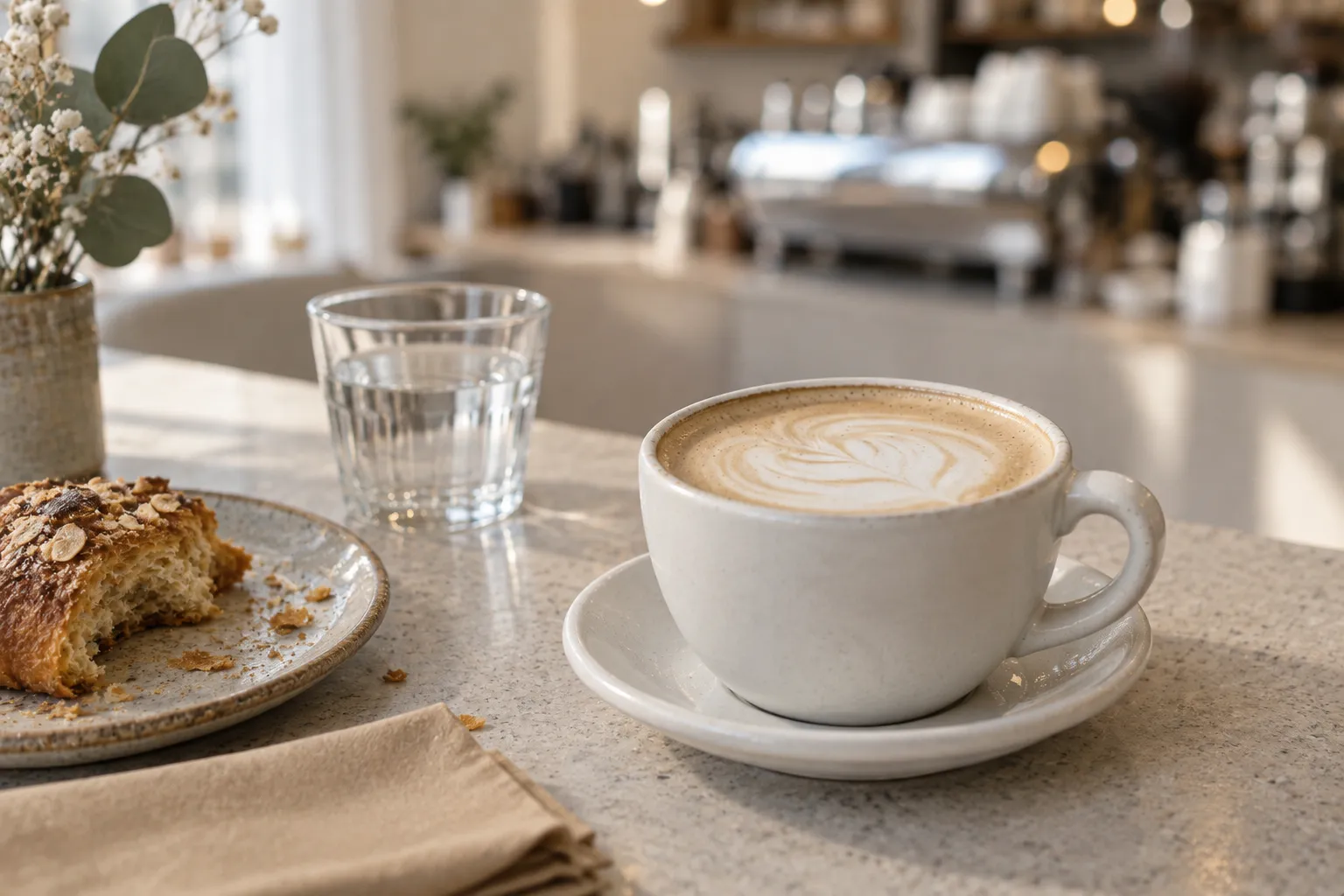 A pale nut-milk latte in a small ceramic cup on a light wooden counter