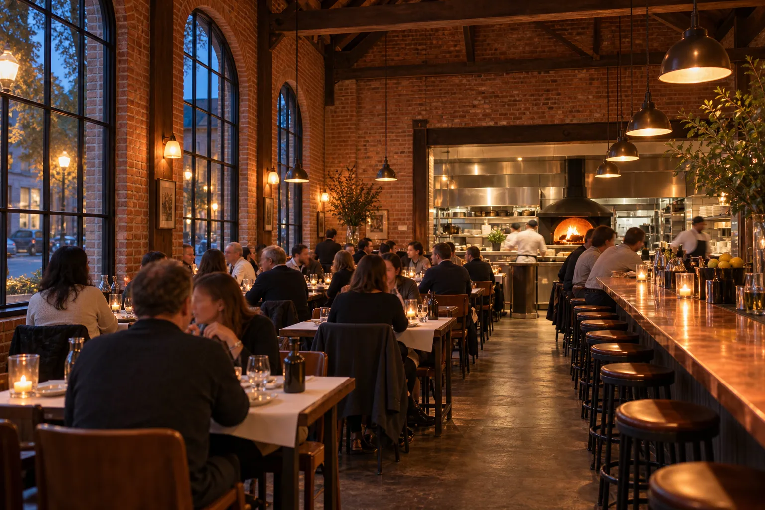 A bright high-ceilinged brick restaurant dining room with an open kitchen and copper bar