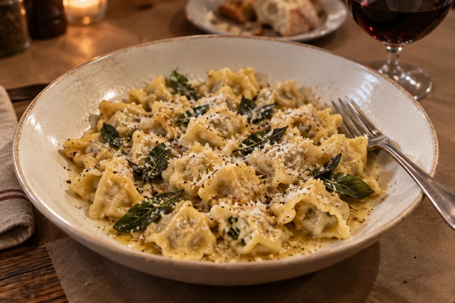 A plate of hand-made filled pasta with butter sauce and herbs on a rustic table