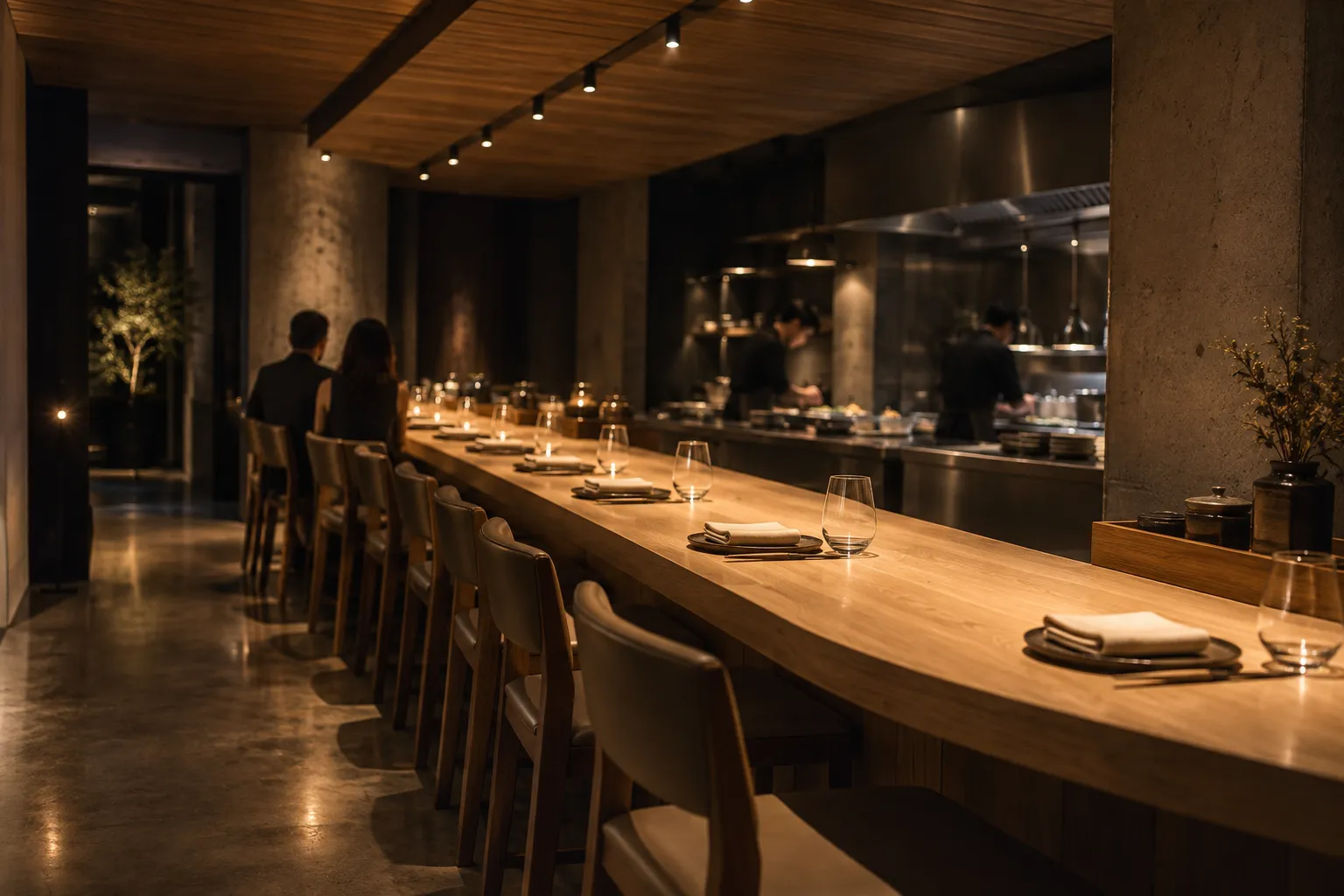 A polished concrete fine dining room with a chef's counter and warm low lighting