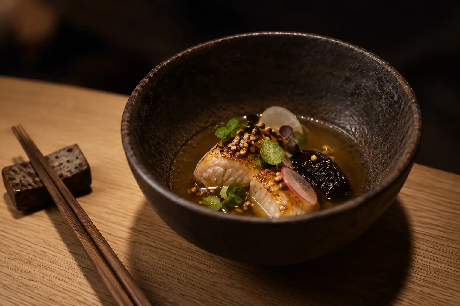A small precisely plated course in a dark ceramic bowl under warm restaurant lighting