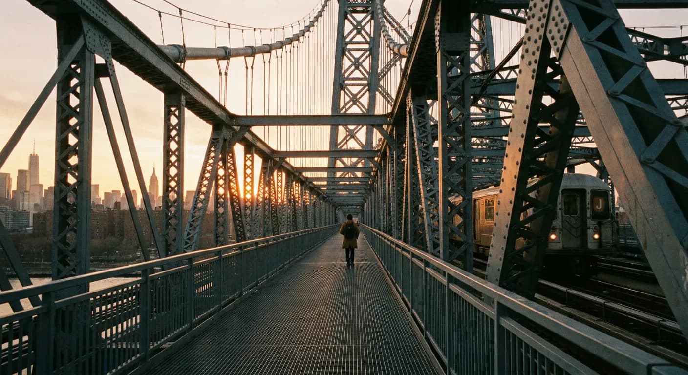 Williamsburg Bridge pedestrian walkway at golden hour with Manhattan skyline in background