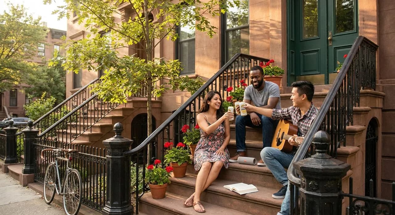 Three friends in their late twenties hanging out on the front stoop of a classic Park Slope Brooklyn brownstone late on a summer Saturday afternoon — iron railings, geraniums, guitar, dappled sunlight