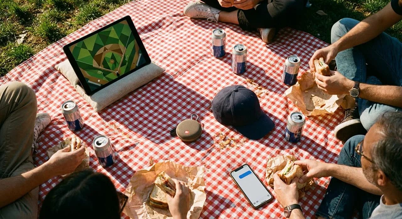 Overhead Brooklyn park picnic blanket — gingham, tablet showing an abstract baseball diamond, beer cans, a baseball cap, sandwich, dappled sun
