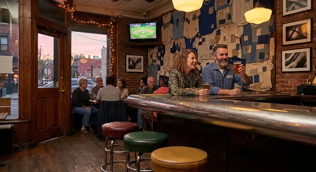 Three-quarter low-angle of a dim Brooklyn dive bar baseball-watching corner at dusk — chrome rail, vinyl stools, faded jersey-like fabrics, warm sunset glow through the door