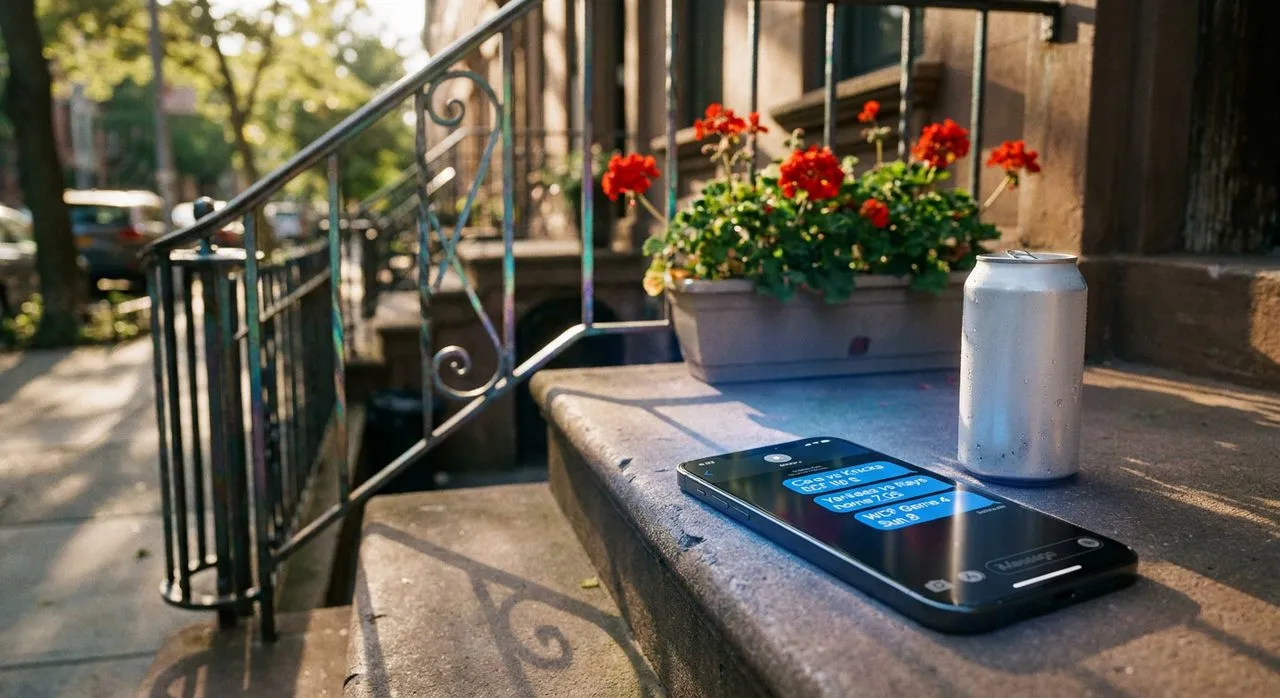 Brooklyn Park Slope brownstone stoop with a smartphone face-up on a concrete step showing a Karpo iMessage chat about the Cavs vs Knicks ECF, Yankees home, and Thunder vs Spurs WCF Game 4