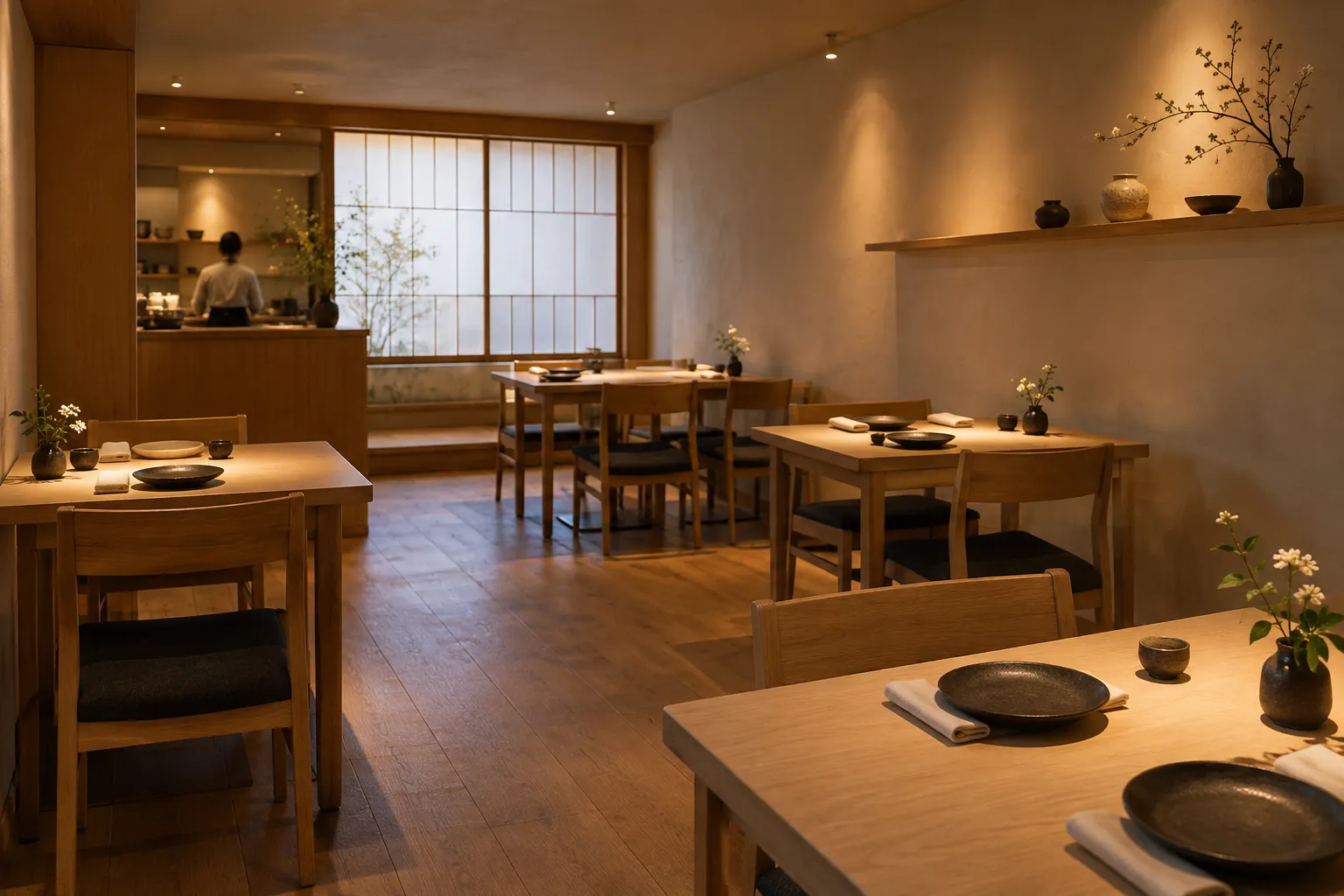 A small calm Japanese restaurant interior with pale wood and soft lighting