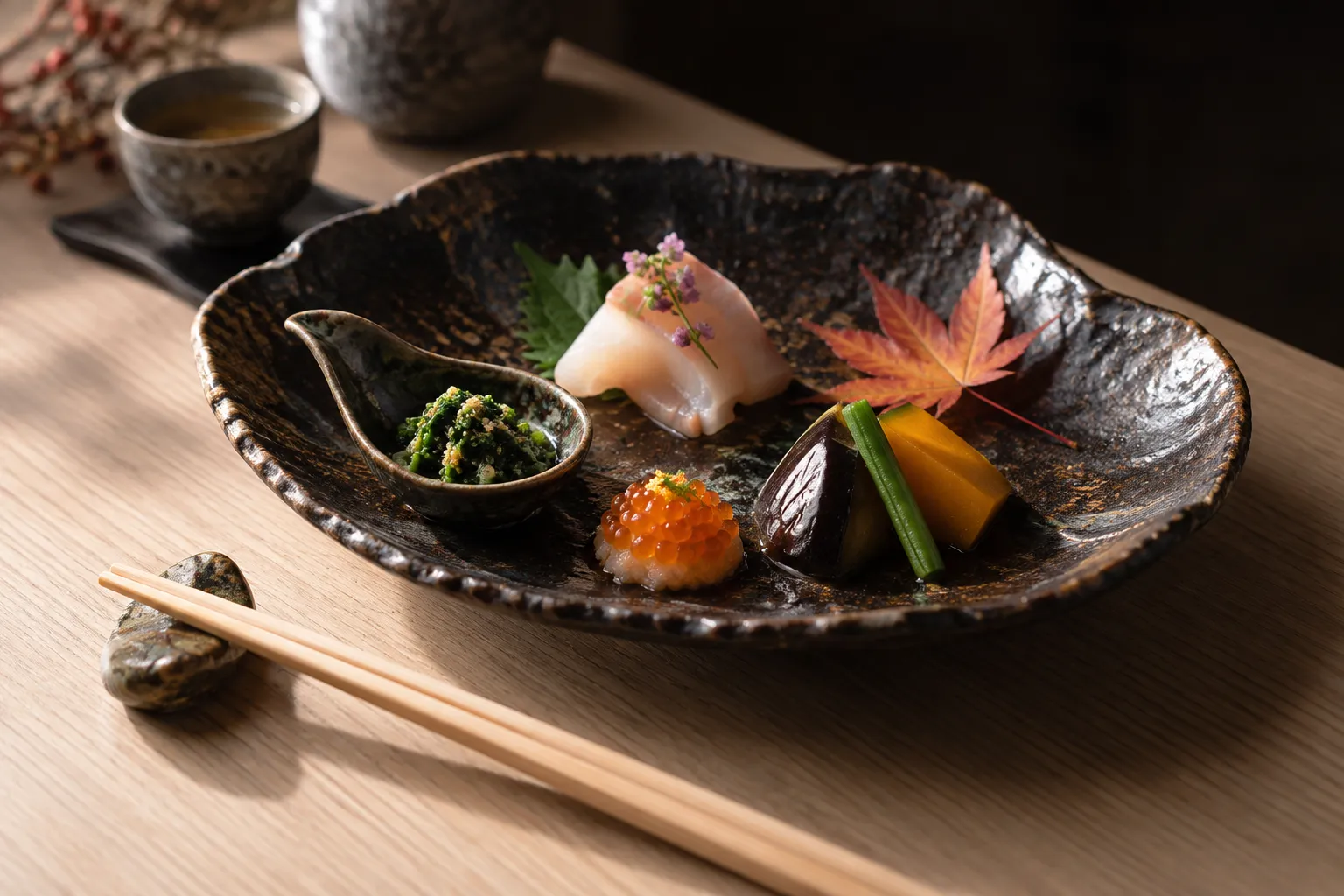 A small seasonal appetiser course arranged in a shallow ceramic dish