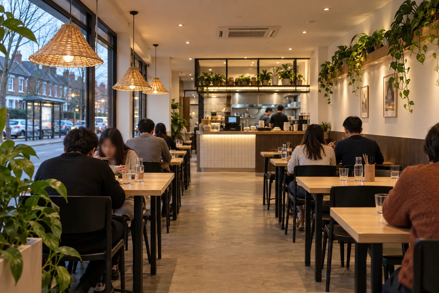 A bright casual Vietnamese restaurant interior with simple tables and a service counter