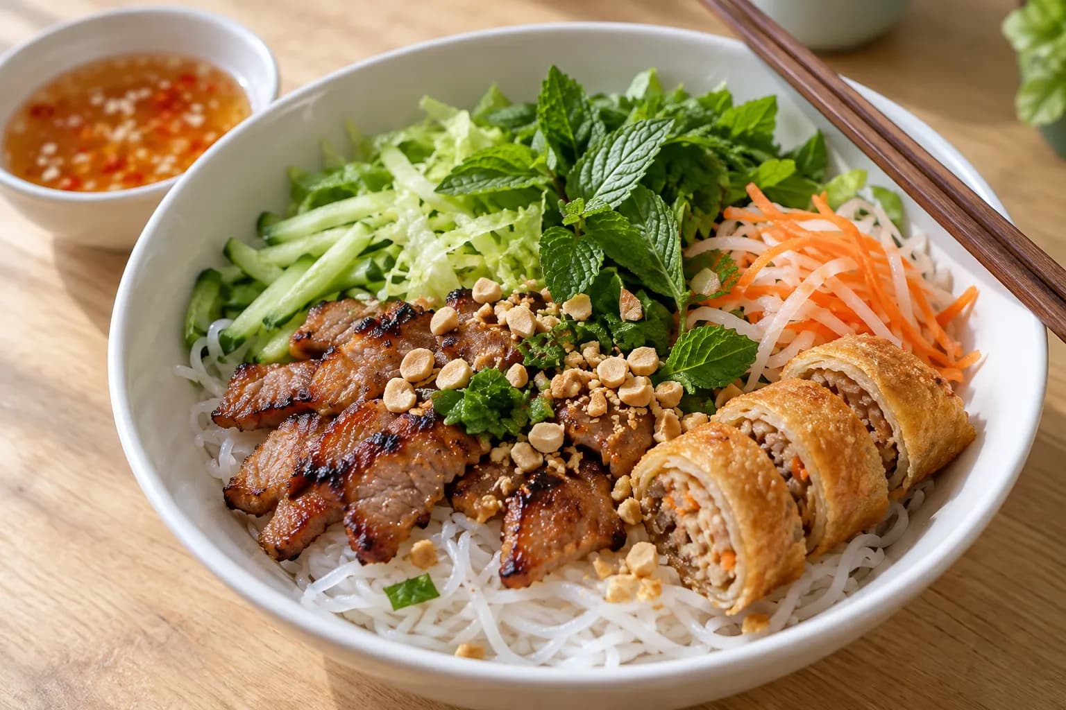 A bowl of cold rice noodles with grilled pork, herbs and a fried spring roll
