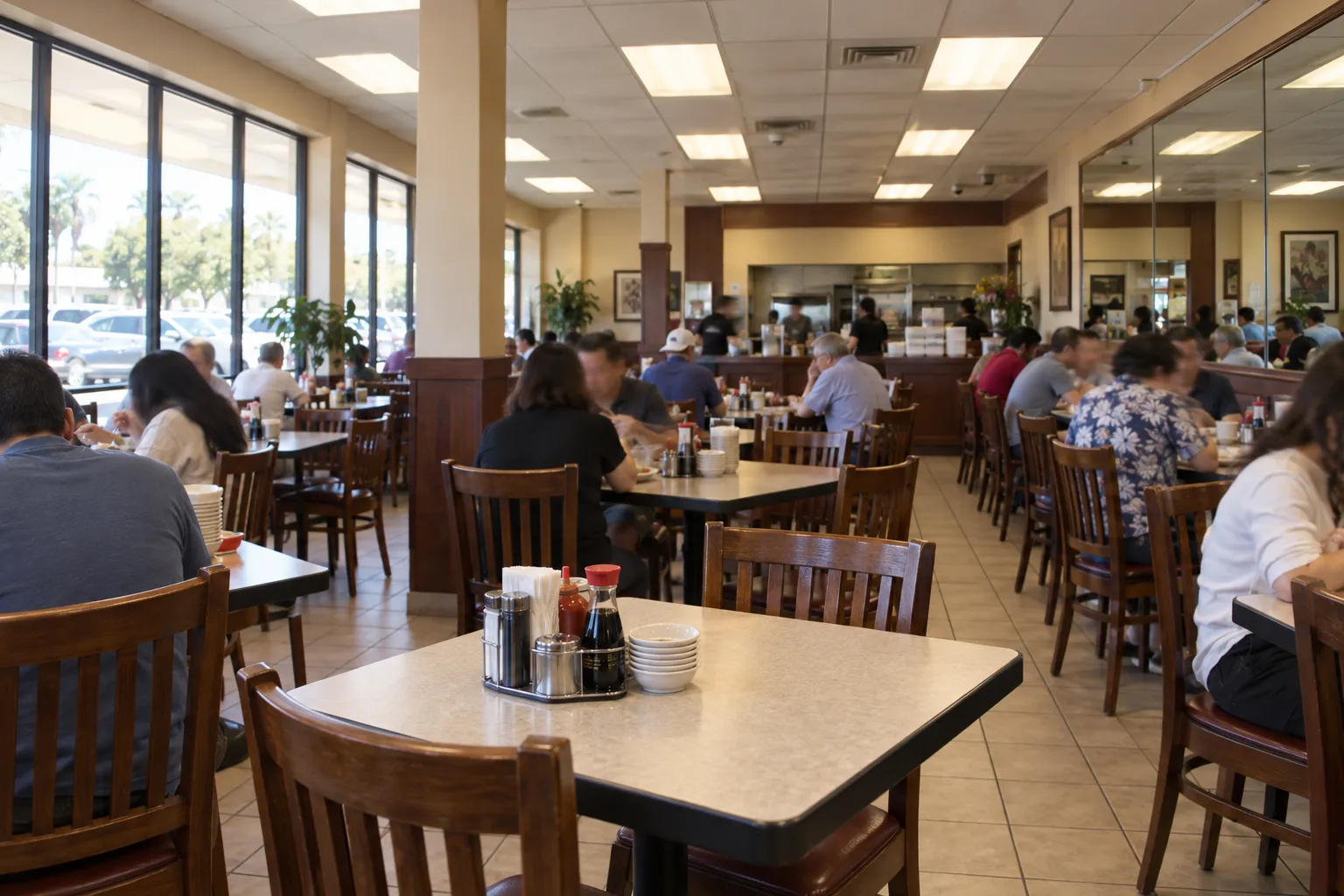 A busy bright strip-mall Vietnamese restaurant dining room with functional tables