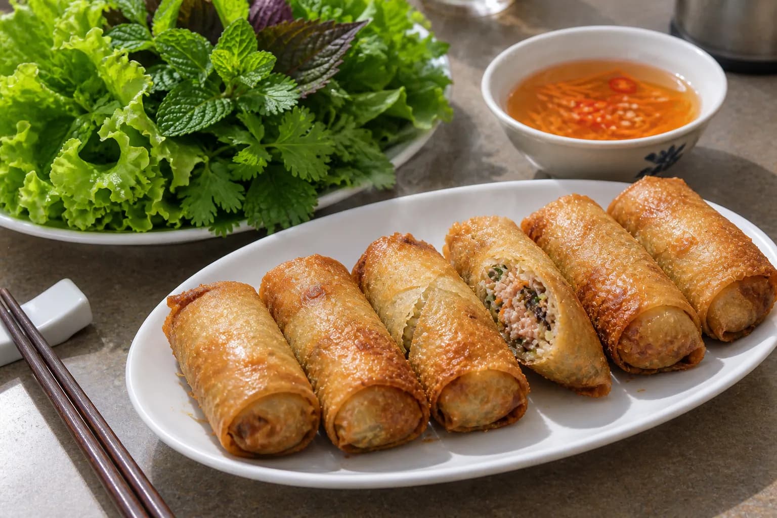 A plate of crisp fried Vietnamese egg rolls with fresh herbs and lettuce alongside