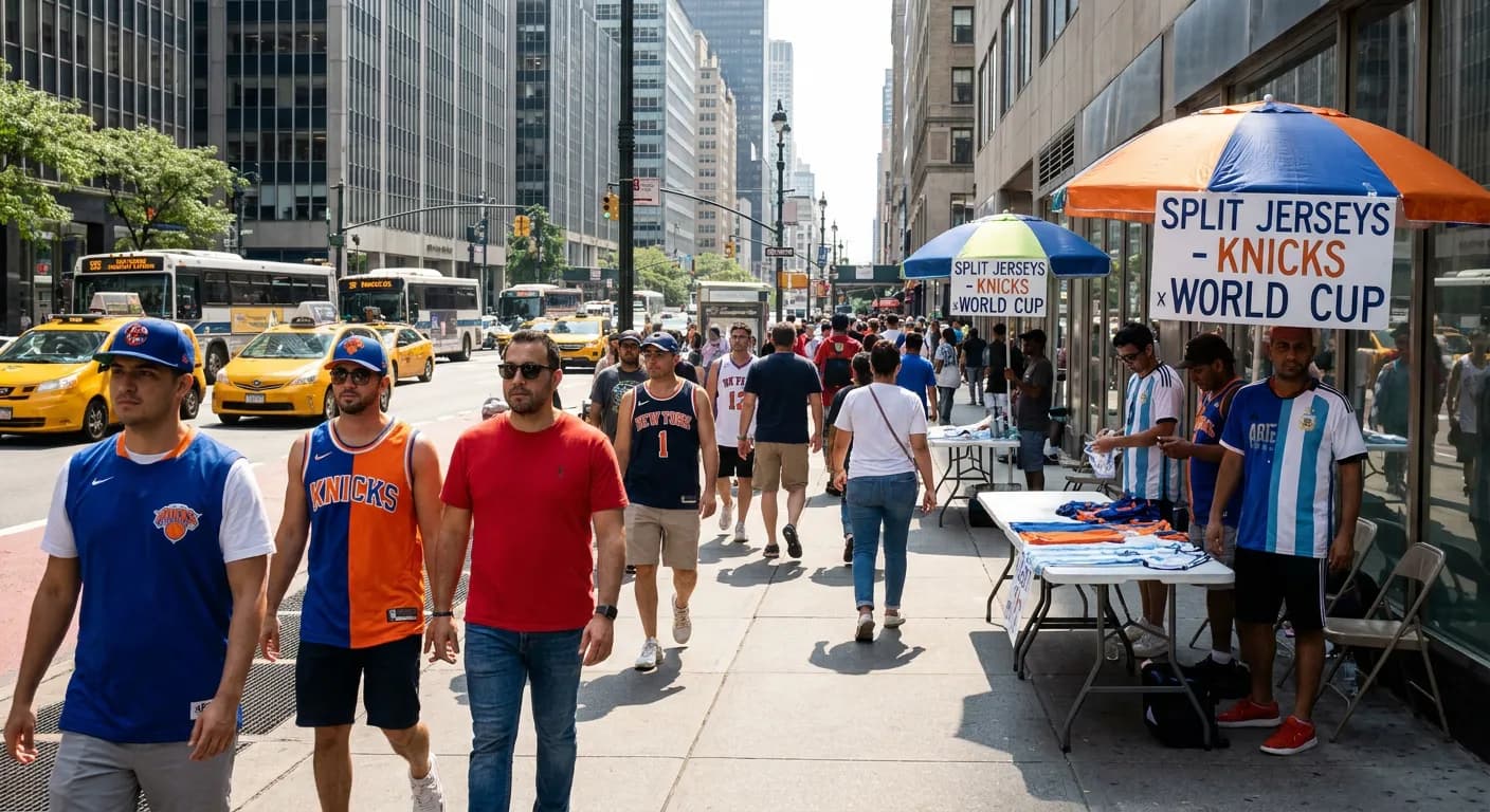 Eighth Avenue corridor between MSG and Penn Station with NBA and World Cup fan crowds mixing