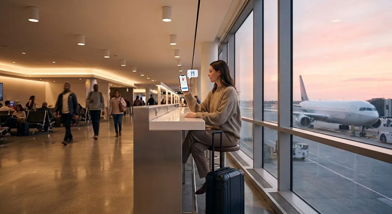Modern JFK terminal interior at early evening — a young traveler at a sleek charging-bar counter near the gate window, carry-on at her feet, iPhone showing a clean travel-itinerary UI card with a small map, restaurant card, and chat bubble; pink sunset sky over a parked aircraft outside