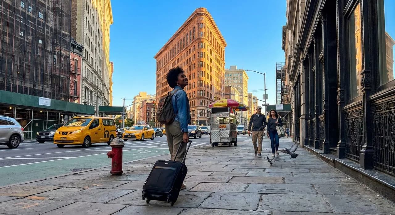 Manhattan Flatiron sidewalk arrival on a sunny Saturday morning — young Black woman pulling a wheeled carry-on, iconic triangular cast-iron building lit by morning sun, yellow taxis, pedestrians