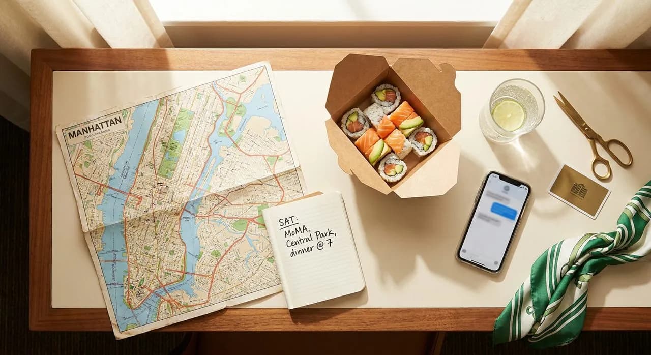 NYC hotel-room desk Saturday afternoon — folded NYC map, notebook with weekend plans, sushi takeout, iPhone iMessage thread, brass scissors, bright window light