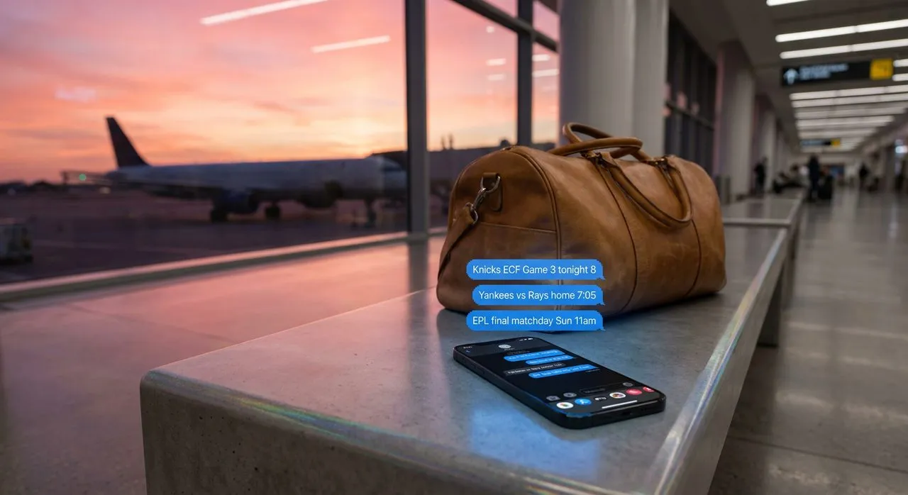 Modern JFK gate-area at golden hour with a tan leather duffel and a smartphone showing a Karpo iMessage chat about the Knicks ECF Game 3, Yankees vs Rays home, and EPL final matchday