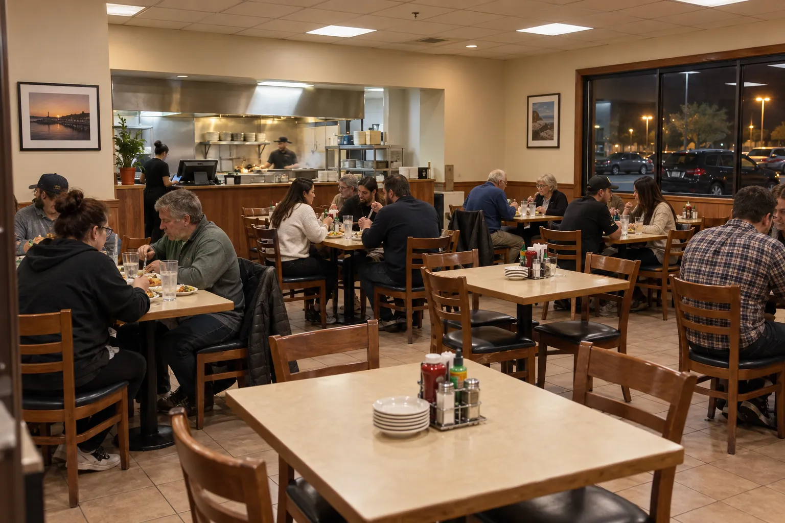 A simple strip-mall Vietnamese restaurant interior with plain tables and bright lighting