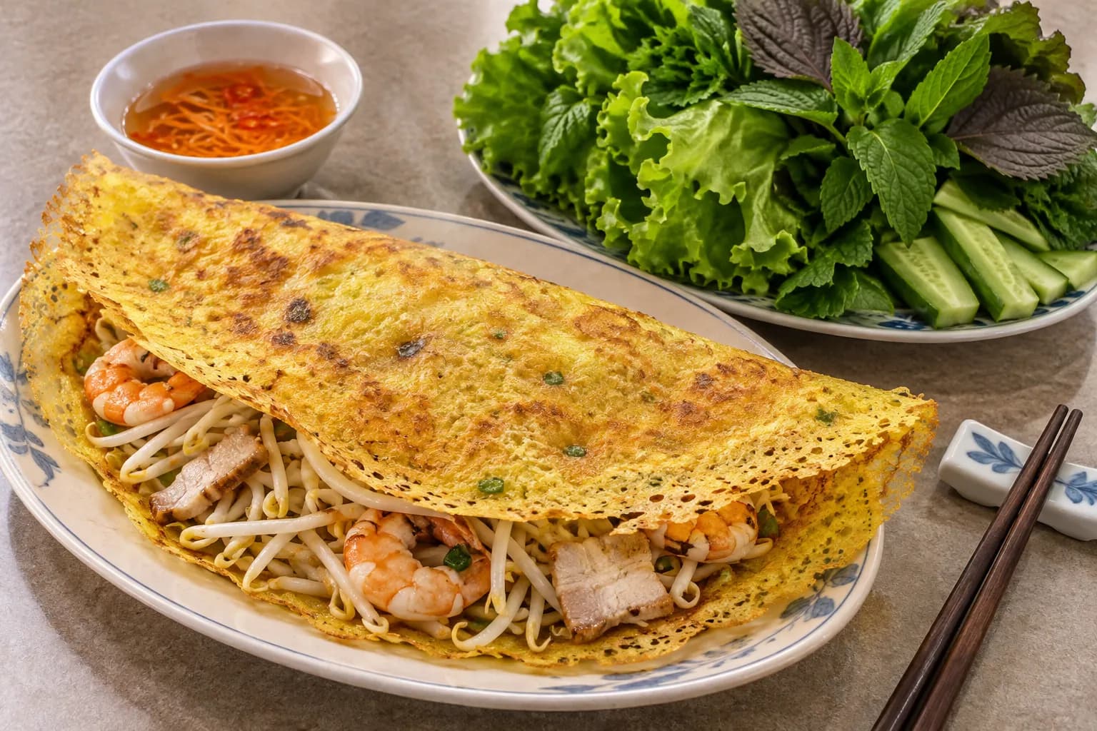 A large folded yellow rice-flour crepe with prawns beside a platter of fresh herbs