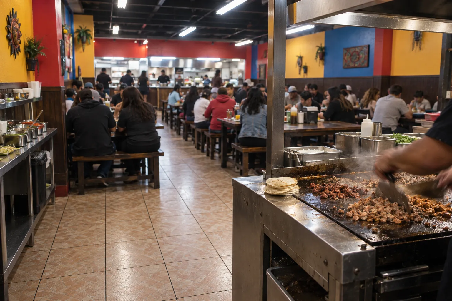 A busy taqueria interior with long communal tables and a griddle counter near the door