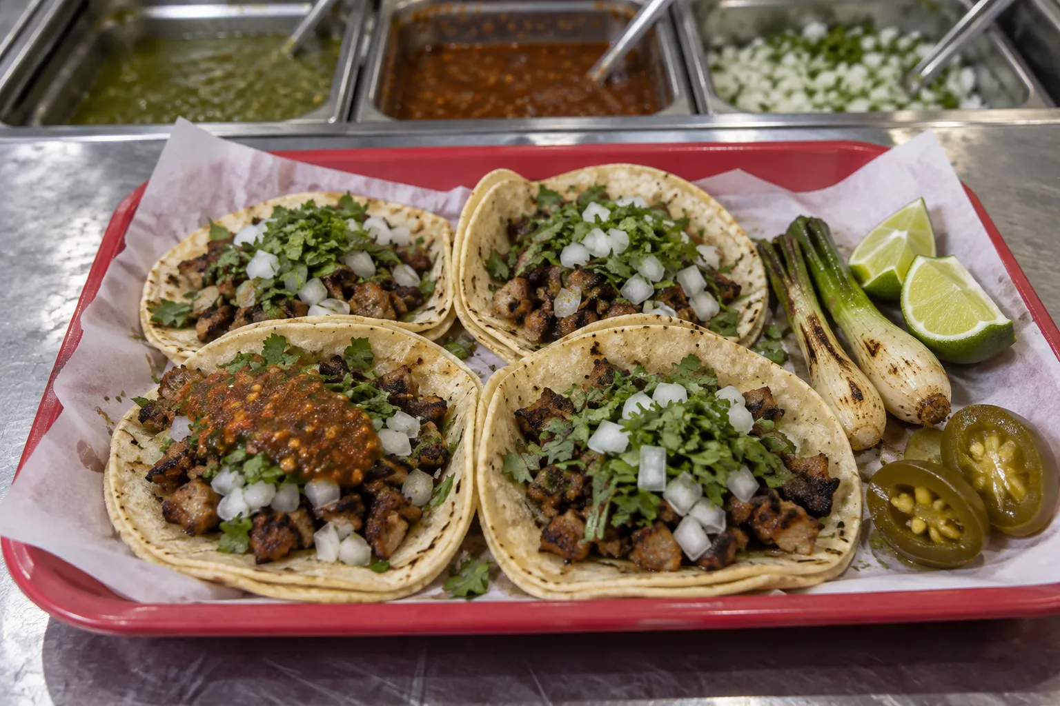 Small corn tortilla tacos with chopped meat, onion and coriander on a tray