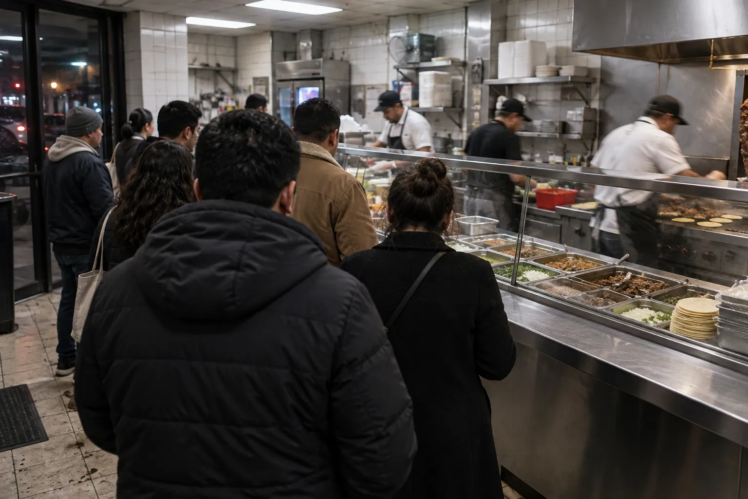A brightly lit taqueria counter at night with people waiting to order