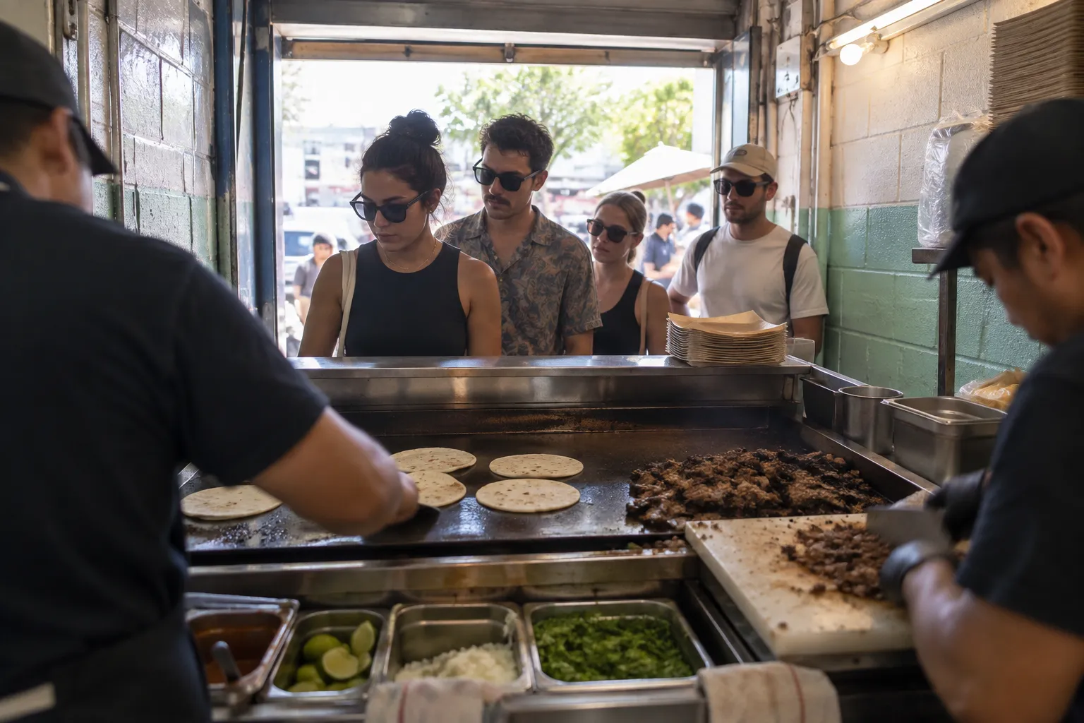 A small taco counter with a griddle and a queue of people at lunchtime