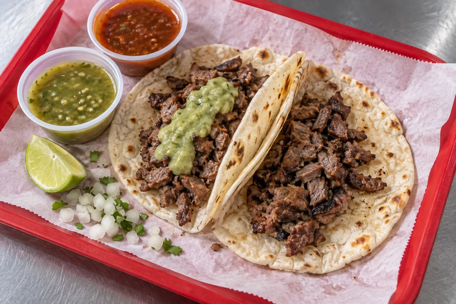 A hand-made flour tortilla taco with chopped grilled beef on a paper-lined tray