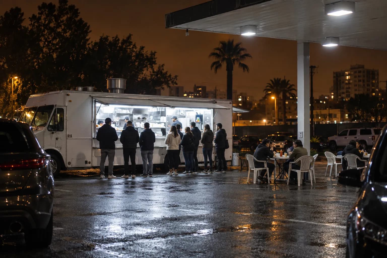 A food truck at night on a lit forecourt with people queuing at the window