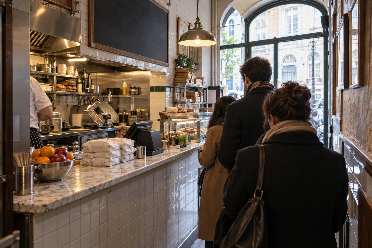 A narrow takeaway sandwich counter in the ground floor of a downtown office building