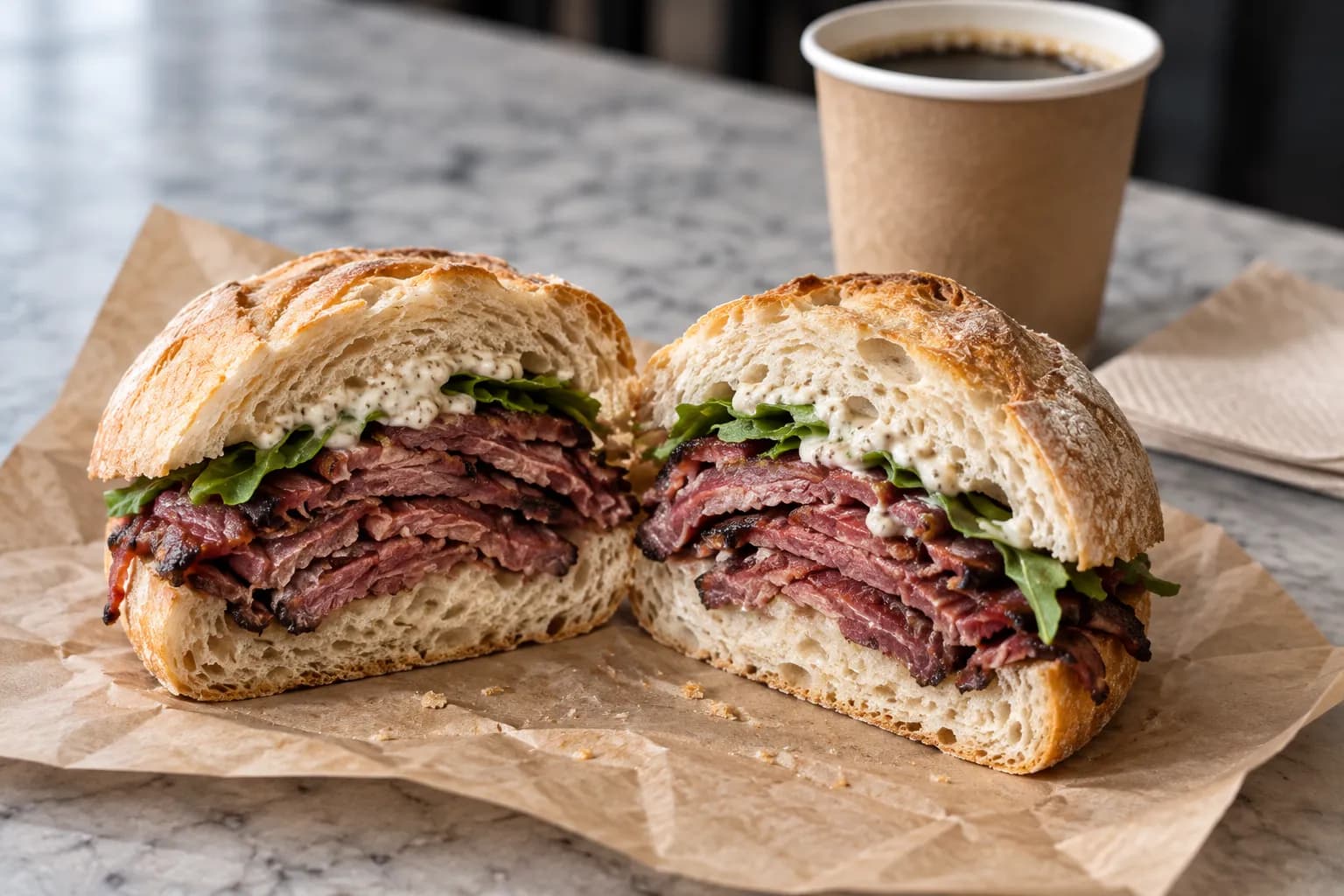 A thick filled sandwich cut in half on butcher paper on a plain counter