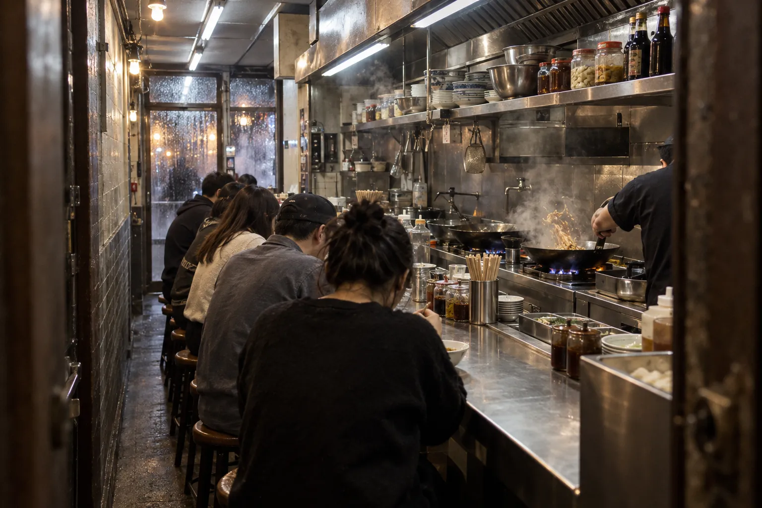 A very narrow restaurant counter with stools facing an open kitchen line