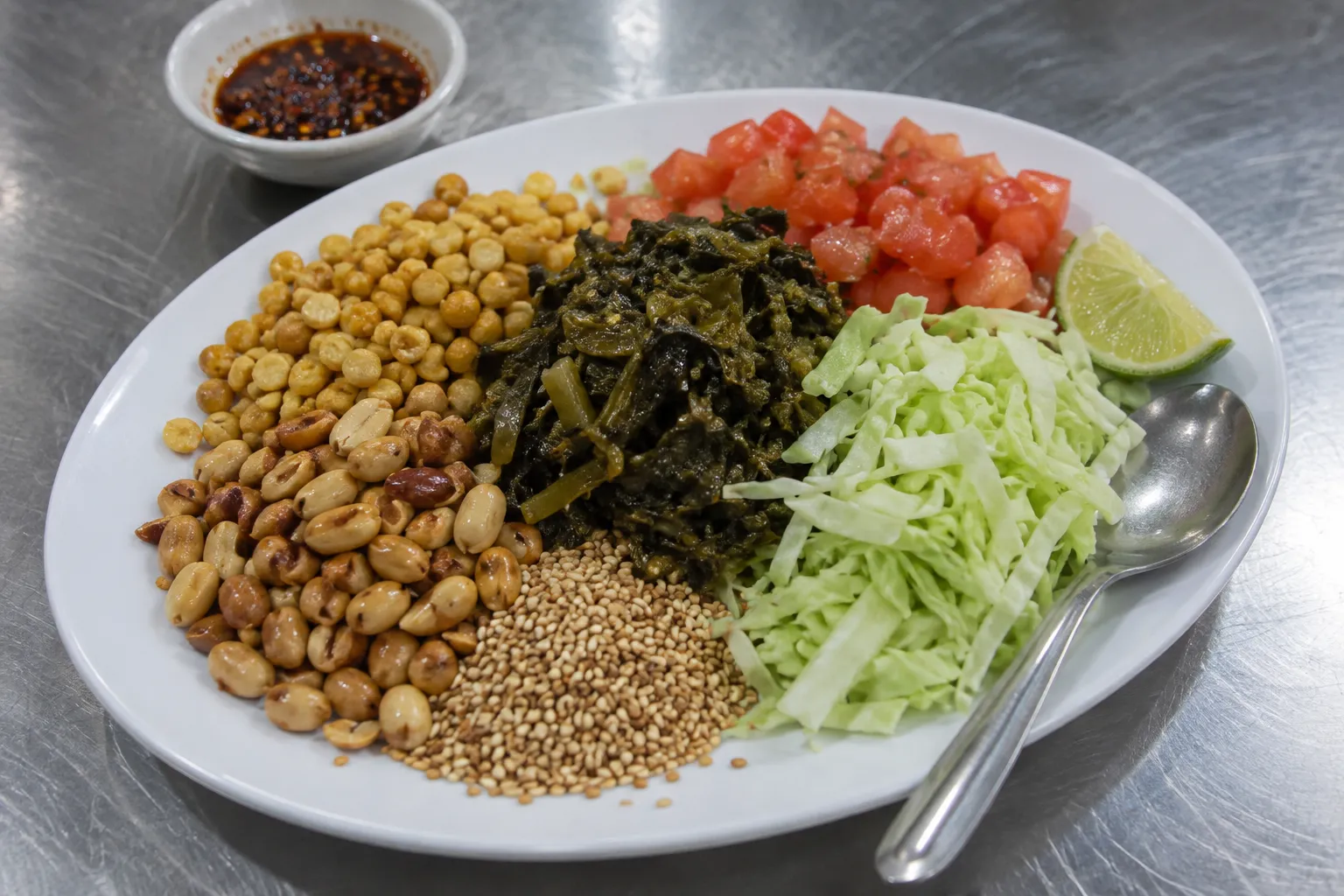 A plate of fermented tea leaf salad with crunchy beans and peanuts on a small counter