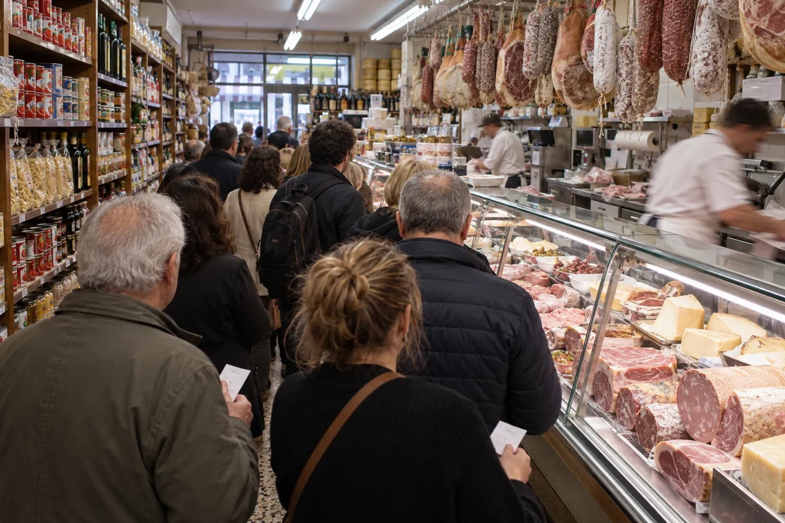 A busy Italian grocery deli counter with a queue and shelves of imported goods