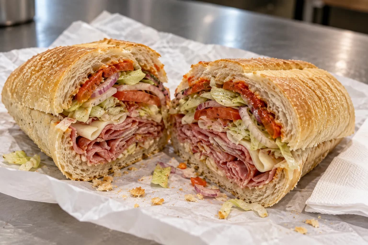 A large Italian cold-cut sandwich wrapped in white paper, cut in half on a counter