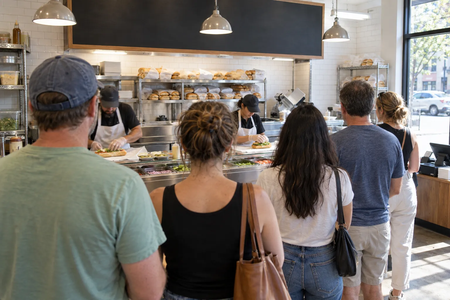 A small bright sandwich counter with a menu board and a short queue
