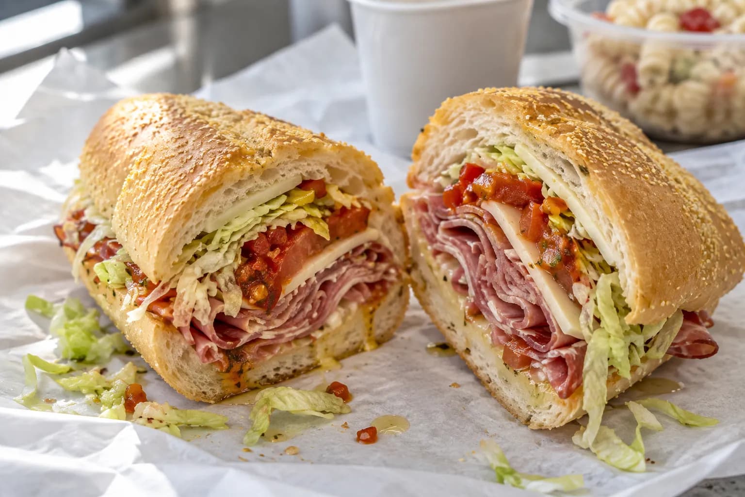 An Italian sub sandwich cut in half showing layered meats and shredded lettuce
