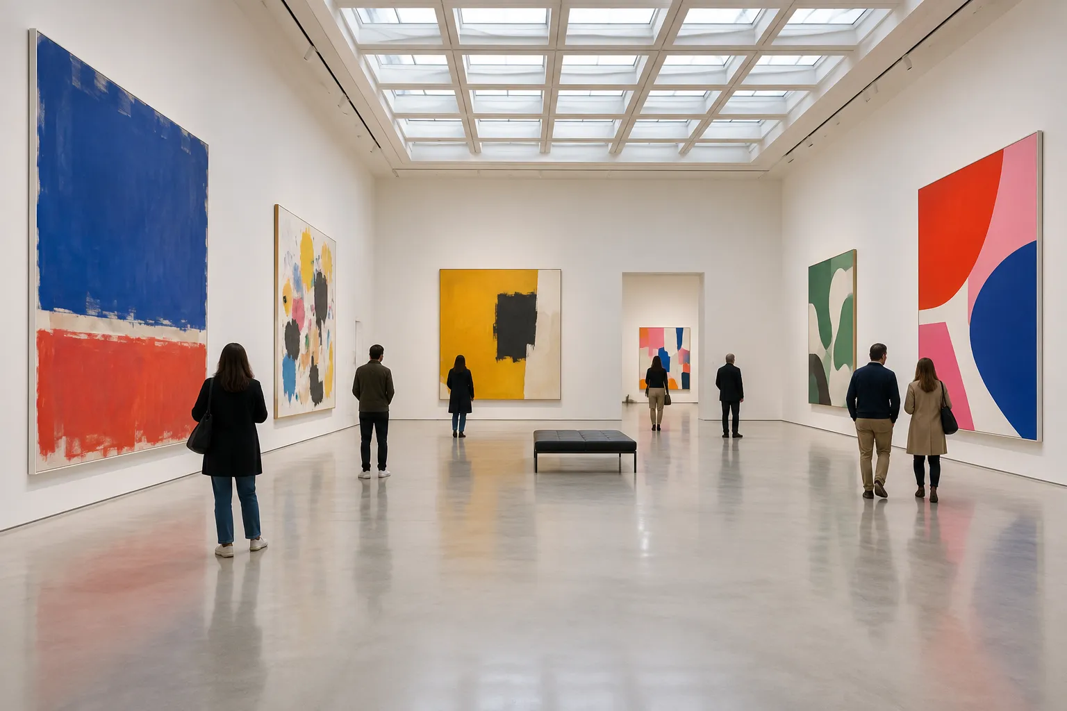 A gallery interior with white walls, polished floors and large contemporary artworks