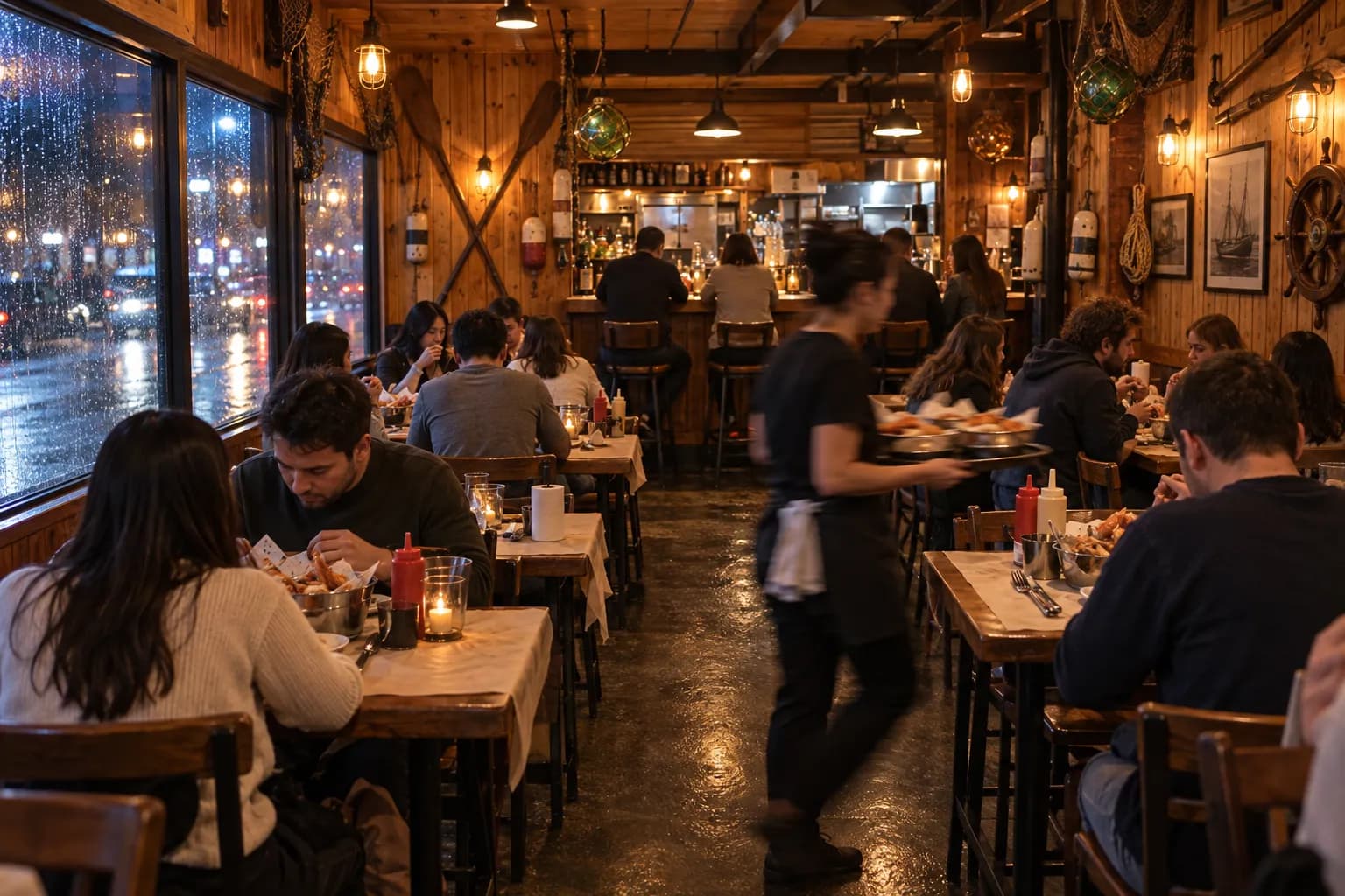 A small wooden seafood restaurant interior with nautical decor and close-set tables