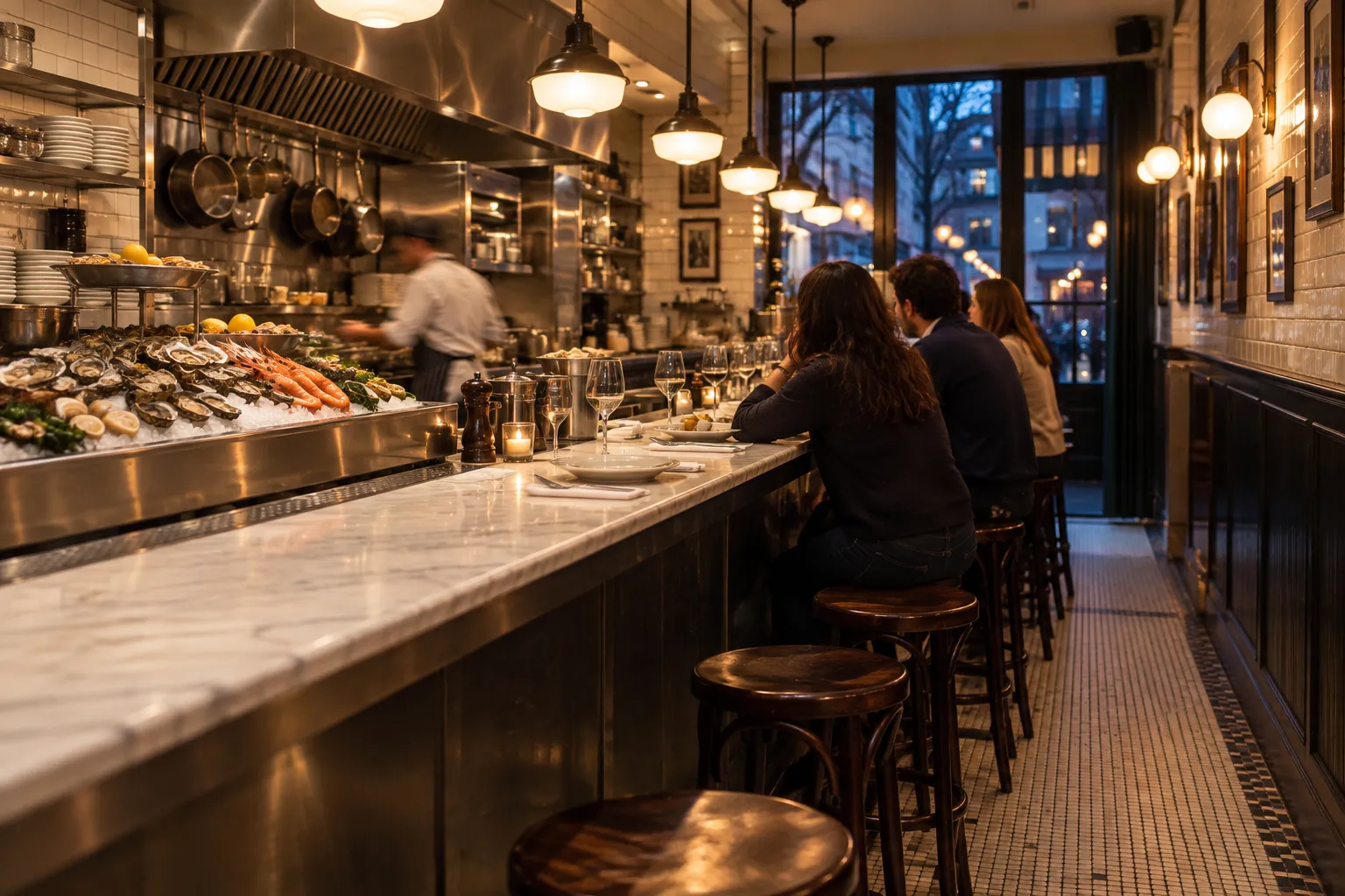 A narrow white marble seafood counter with stools and stainless steel fittings