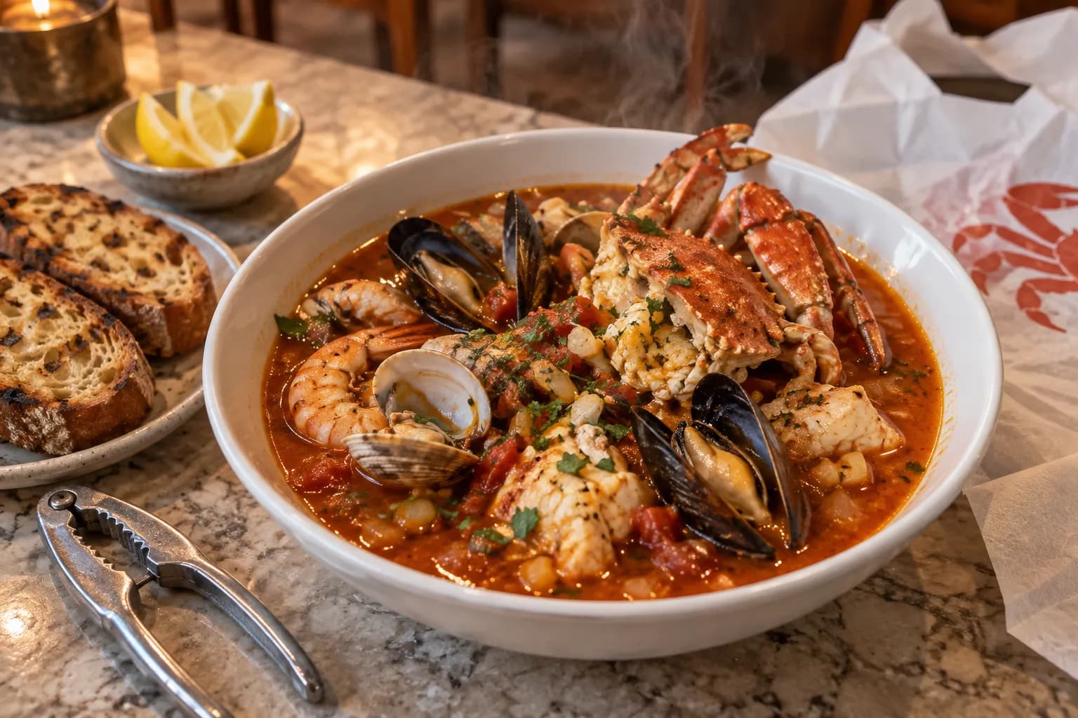 A large bowl of tomato-based seafood stew with crab shell and mussels, with bread alongside
