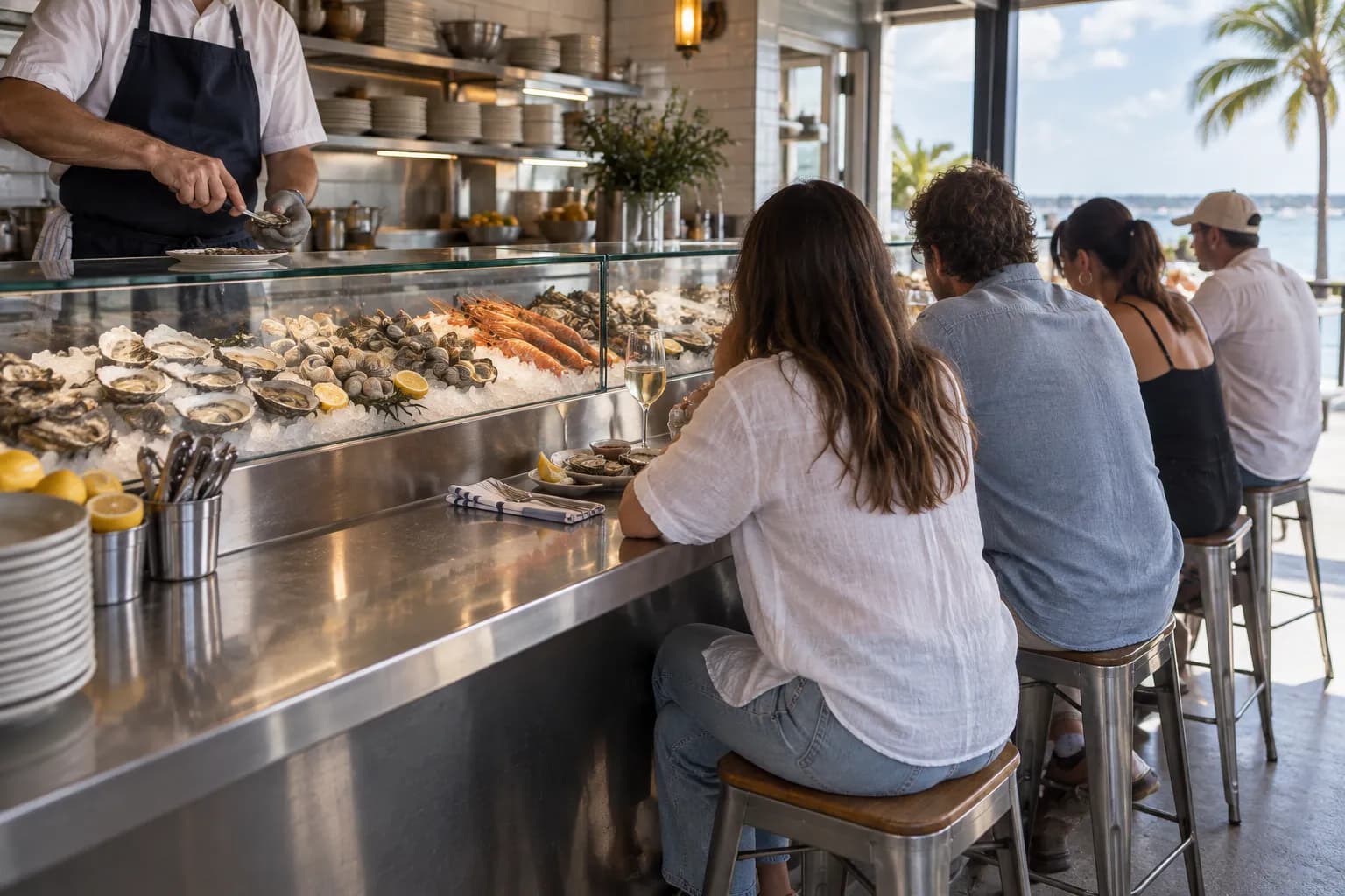 A casual seafood counter with a raw bar and people ordering at a window